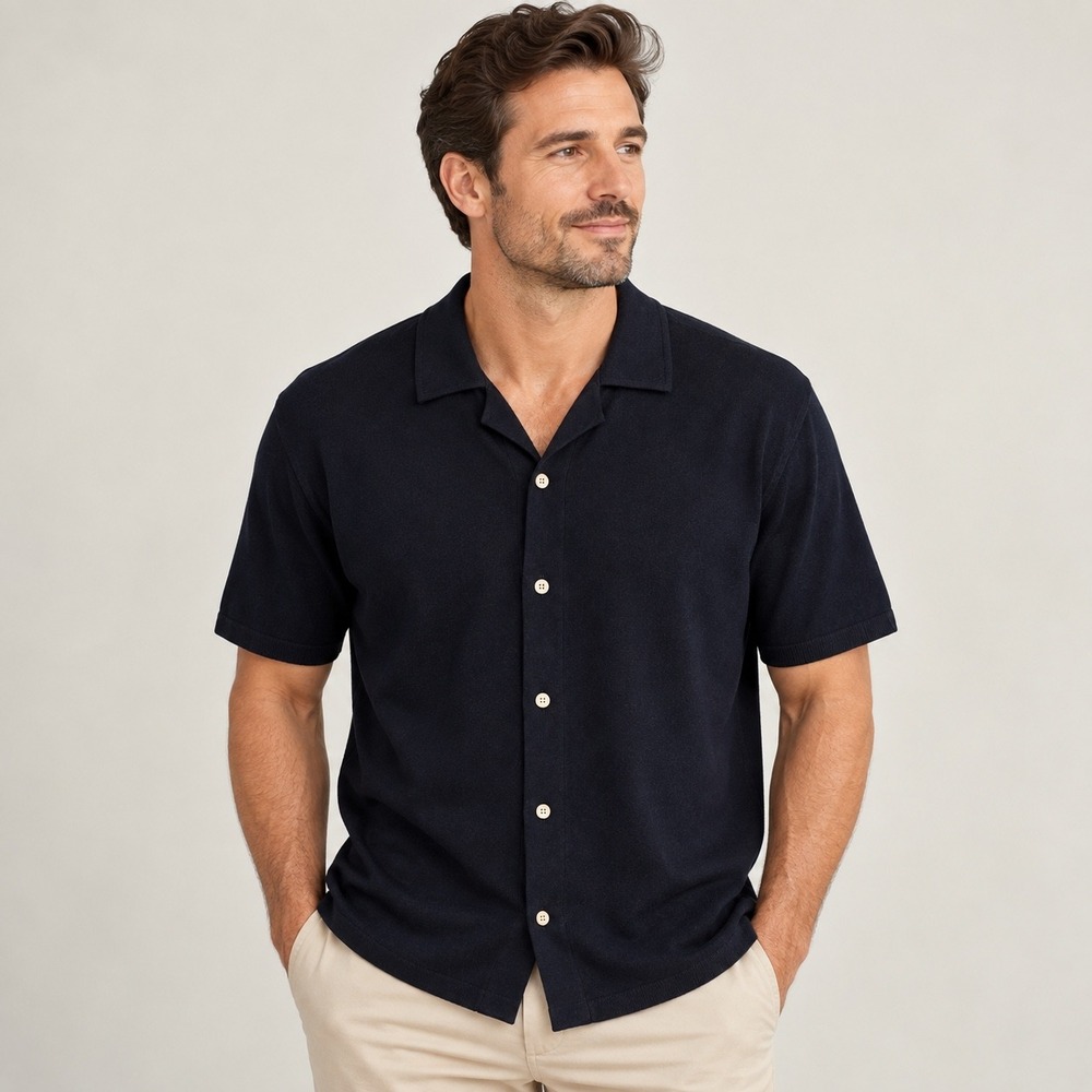 Cremieux St Tropez Mens Large Navy Blue Cotton Linen Knit Camp Collar Shirt NWT